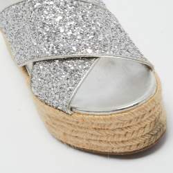 Miu Miu Silver Glitter and Leather Cross Strap Espadrille Wedge Sandals Size 38.5