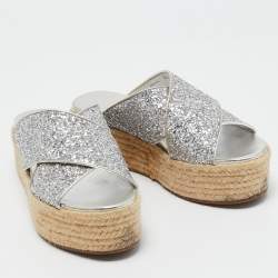 Miu Miu Silver Glitter and Leather Cross Strap Espadrille Wedge Sandals Size 38.5