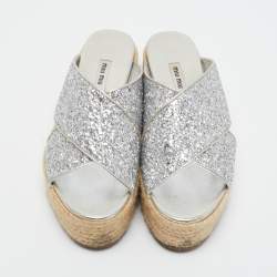 Miu Miu Silver Glitter and Leather Cross Strap Espadrille Wedge Sandals Size 38.5
