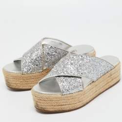 Miu Miu Silver Glitter and Leather Cross Strap Espadrille Wedge Sandals Size 38.5