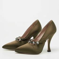 Miu Miu Olive Green Satin Crystal Embellished Mary Jane Pointed Toe Pumps Size 36.5