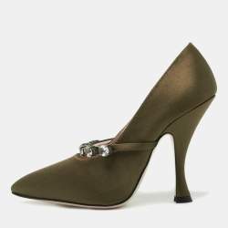 Miu Miu Olive Green Satin Crystal Embellished Mary Jane Pointed Toe Pumps Size 36.5