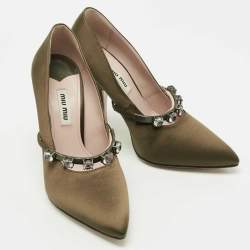 Miu Miu Olive Green Satin Crystal Embellished Mary Jane Pointed Toe Pumps Size 36.5