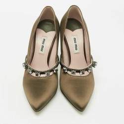Miu Miu Olive Green Satin Crystal Embellished Mary Jane Pointed Toe Pumps Size 36.5