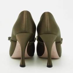Miu Miu Olive Green Satin Crystal Embellished Mary Jane Pointed Toe Pumps Size 36.5