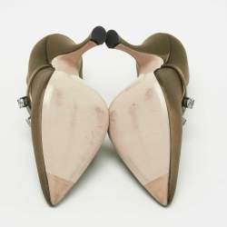 Miu Miu Olive Green Satin Crystal Embellished Mary Jane Pointed Toe Pumps Size 36.5