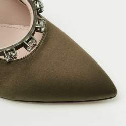 Miu Miu Olive Green Satin Crystal Embellished Mary Jane Pointed Toe Pumps Size 36.5