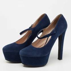 Pre Owned Miu Miu Navy Blue Suede Platform Mary Jane Pumps Size 37