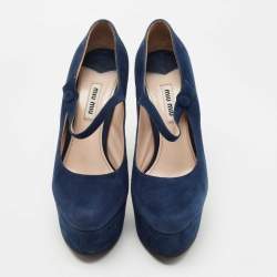 Pre Owned Miu Miu Navy Blue Suede Platform Mary Jane Pumps Size 37