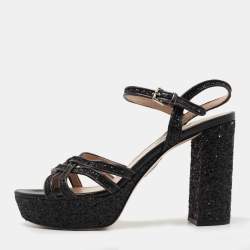 Pre Owned Miu Miu Black Coarse Glitter Platform Ankle Strap Sandals Size 39