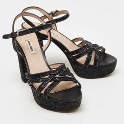 Pre Owned Miu Miu Black Coarse Glitter Platform Ankle Strap Sandals Size 39