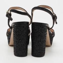 Pre Owned Miu Miu Black Coarse Glitter Platform Ankle Strap Sandals Size 39