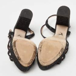 Pre Owned Miu Miu Black Coarse Glitter Platform Ankle Strap Sandals Size 39