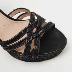 Pre Owned Miu Miu Black Coarse Glitter Platform Ankle Strap Sandals Size 39