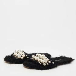 Pre Owned Miu Miu Black Fur Pearl Embellished Flat Slides Size 39