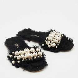 Pre Owned Miu Miu Black Fur Pearl Embellished Flat Slides Size 39