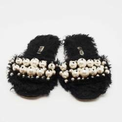 Pre Owned Miu Miu Black Fur Pearl Embellished Flat Slides Size 39