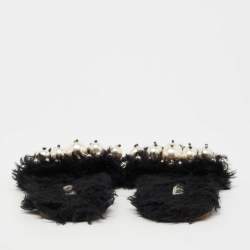 Pre Owned Miu Miu Black Fur Pearl Embellished Flat Slides Size 39