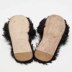 Pre Owned Miu Miu Black Fur Pearl Embellished Flat Slides Size 39