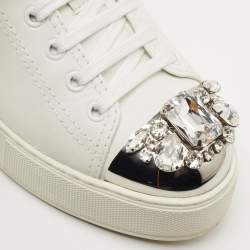 Miu Miu White Leather Crystal Embellished Cap Toe Platform Sneakers Size 37.5