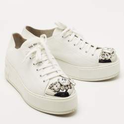 Miu Miu White Leather Crystal Embellished Cap Toe Platform Sneakers Size 37.5