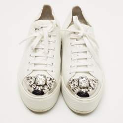 Miu Miu White Leather Crystal Embellished Cap Toe Platform Sneakers Size 37.5