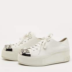 Miu Miu White Leather Crystal Embellished Cap Toe Platform Sneakers Size 37.5