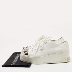 Miu Miu White Leather Crystal Embellished Cap Toe Platform Sneakers Size 37.5