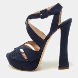 Pre Owned Miu Miu Navy Blue Suede Strappy Platform Sandals Size 39
