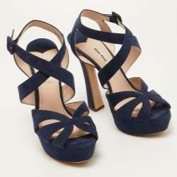 Pre Owned Miu Miu Navy Blue Suede Strappy Platform Sandals Size 39