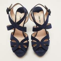 Pre Owned Miu Miu Navy Blue Suede Strappy Platform Sandals Size 39