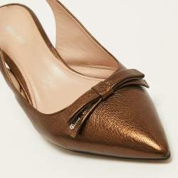 Pre Owned Miu Miu Metallic Brown Leather Bow Slingback Pumps Size 39
