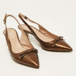Pre Owned Miu Miu Metallic Brown Leather Bow Slingback Pumps Size 39