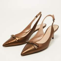Pre Owned Miu Miu Metallic Brown Leather Bow Slingback Pumps Size 39