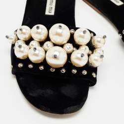 Miu Miu Black Velvet Faux Pearl Embellished Flat Slides Size 39