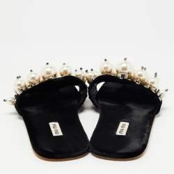 Miu Miu Black Velvet Faux Pearl Embellished Flat Slides Size 39