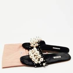 Miu Miu Black Velvet Faux Pearl Embellished Flat Slides Size 39