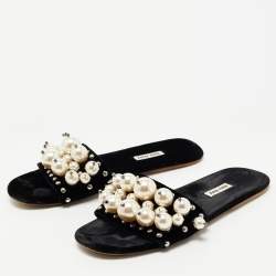 Miu Miu Black Velvet Faux Pearl Embellished Flat Slides Size 39