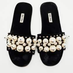 Miu Miu Black Velvet Faux Pearl Embellished Flat Slides Size 39