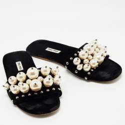 Miu Miu Black Velvet Faux Pearl Embellished Flat Slides Size 39