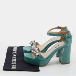 Miu Miu Mint Green Patent Leather Crystal Embellished Platform Ankle Strap Sandals Size 36.5