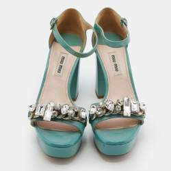 Miu Miu Mint Green Patent Leather Crystal Embellished Platform Ankle Strap Sandals Size 36.5