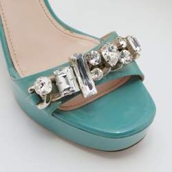 Miu Miu Mint Green Patent Leather Crystal Embellished Platform Ankle Strap Sandals Size 36.5