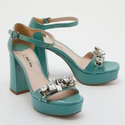 Miu Miu Mint Green Patent Leather Crystal Embellished Platform Ankle Strap Sandals Size 36.5