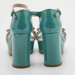 Miu Miu Mint Green Patent Leather Crystal Embellished Platform Ankle Strap Sandals Size 36.5