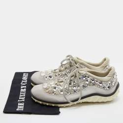 Pre Owned Miu Miu Grey Neoprene Fabric Astro Crystal Embellished Low Top Sneakers Size 38