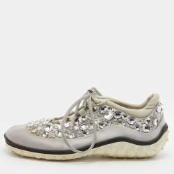 Pre Owned Miu Miu Grey Neoprene Fabric Astro Crystal Embellished Low Top Sneakers Size 38