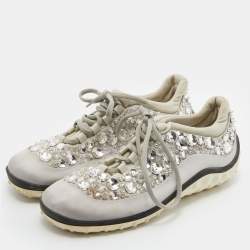 Pre Owned Miu Miu Grey Neoprene Fabric Astro Crystal Embellished Low Top Sneakers Size 38