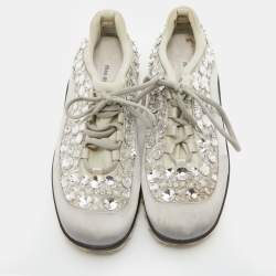 Pre Owned Miu Miu Grey Neoprene Fabric Astro Crystal Embellished Low Top Sneakers Size 38