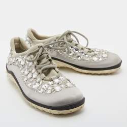Pre Owned Miu Miu Grey Neoprene Fabric Astro Crystal Embellished Low Top Sneakers Size 38